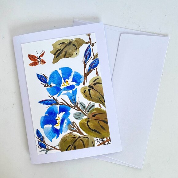 Blue Flowers Butterfly Art Print 5x7in Blank Greeting Card Envelope All Occasion - Picture 4 of 4
